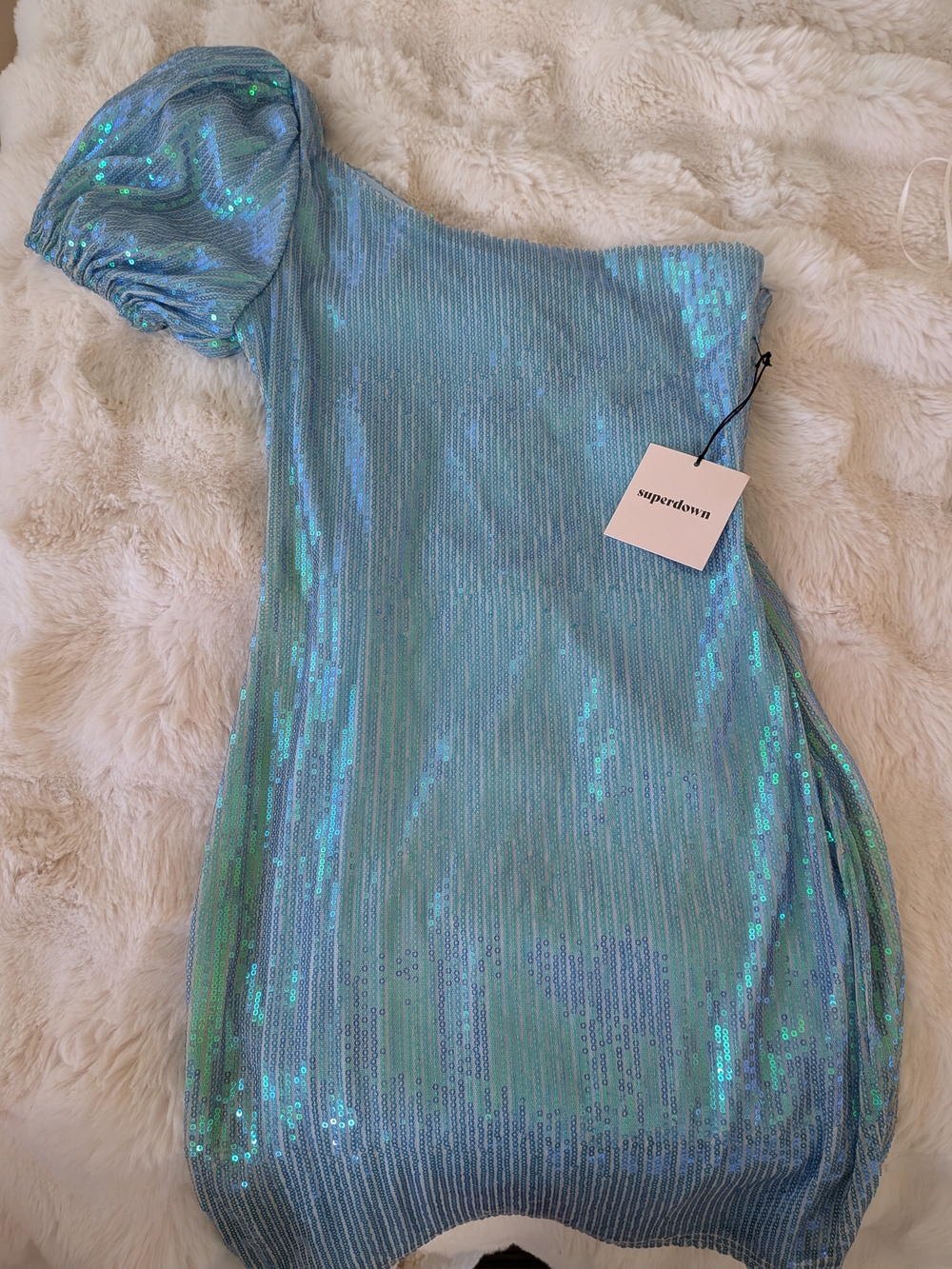 Superdown Iridescent Light Blue One-Shoulder Sequin Dress (from REVOLVE)